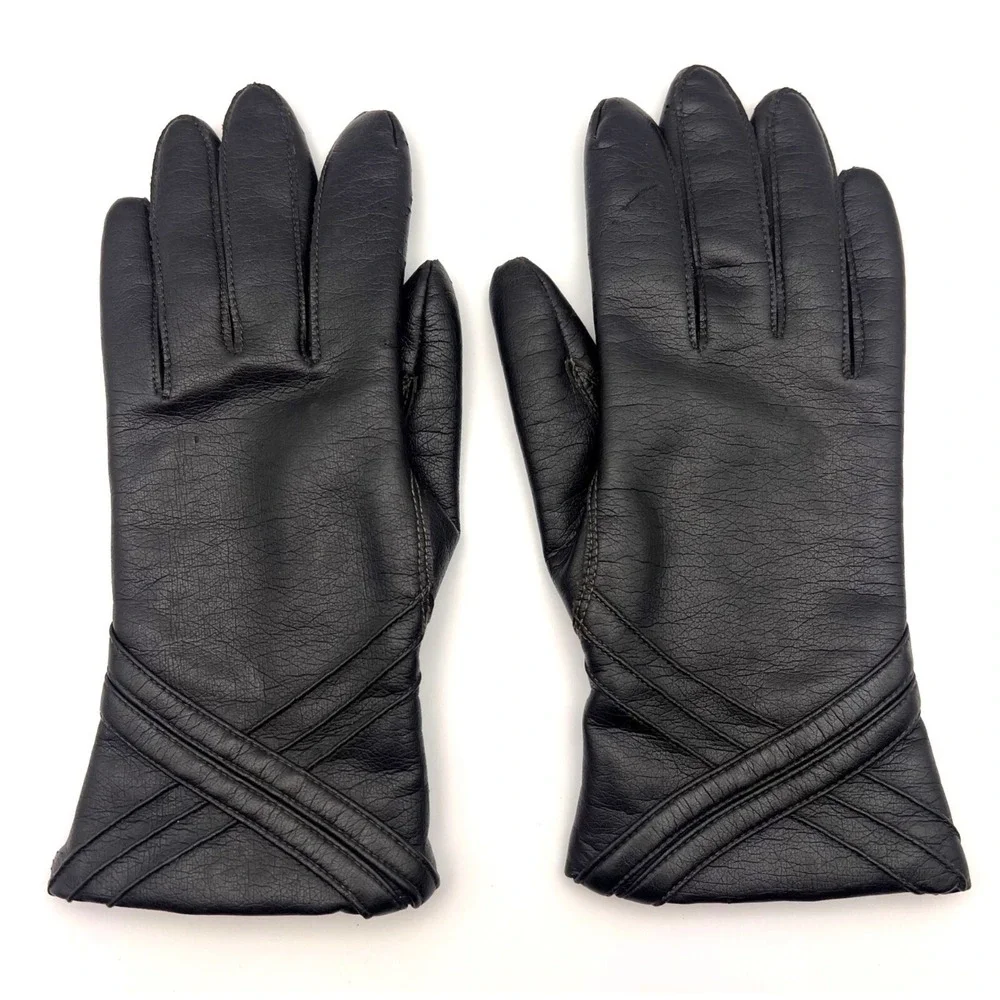 Vintage Fownes Gloves Women's Size A Black Faux Leather WPL‎ 9522 Fourchette